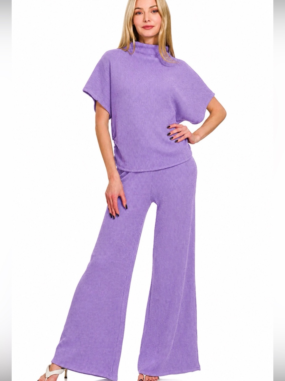 NWOT Zenana Outfitters Lavender Knit Wide-Leg Pant & Mock Turtleneck Top Set